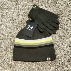 Under Armour UA Beanie Hat + Gloves, Baroque Green/High-vis Yellow Boys One Size